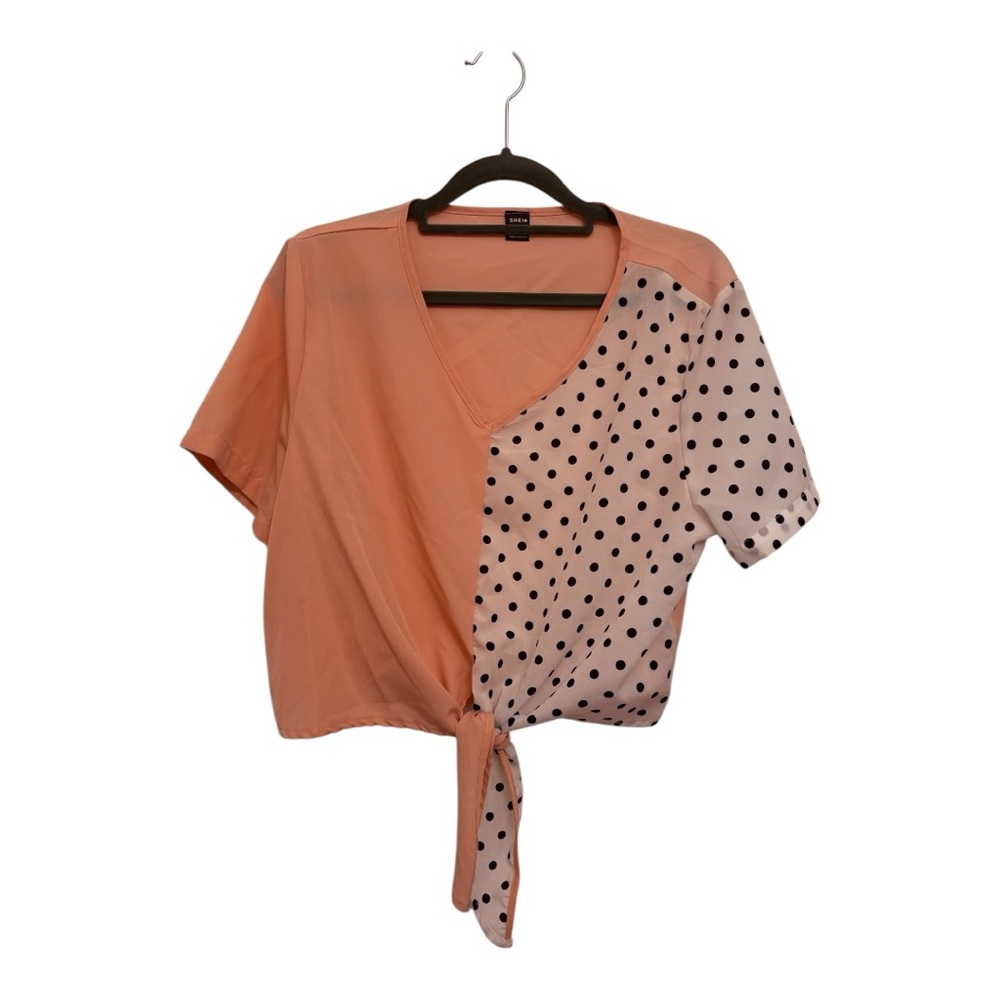 Peach and Pink Tie Front Mixed Media Print Polka Dot Crop Blouse
